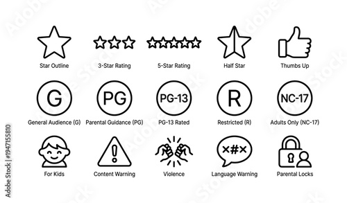 Movie rating symbols and icons including stars and warnings