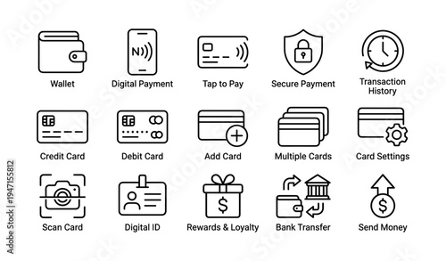 Digital payment icons: wallet, secure transactions, card management, id, banking