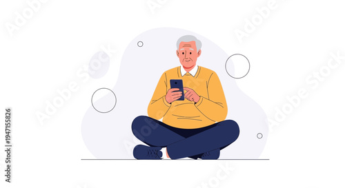 Elderly Man Sitting Cross-legged Using Smartphone - Modern Flat Illustration