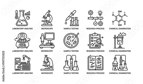 Scientific instruments and processes: microscope, laboratory analysis, sample testing, research process
