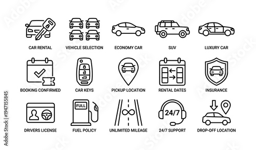 Car rental services icons featuring vehicle options and booking details