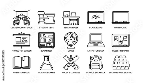 Classroom icons set illustrating various school elements in minimalist line art style