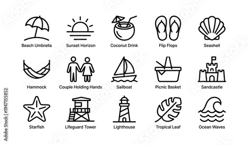 Vector icons of beach umbrella, sunset, coconut drink, flip flops, and seashell