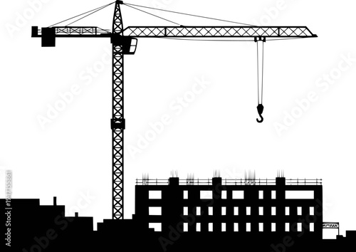 Silhouette of a construction crane over an unfinished building a white background
