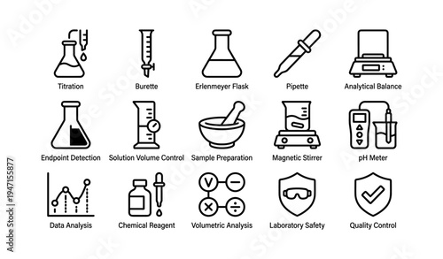 Scientific lab equipment icons: flask, pipette, stirrer, burette, ph meter