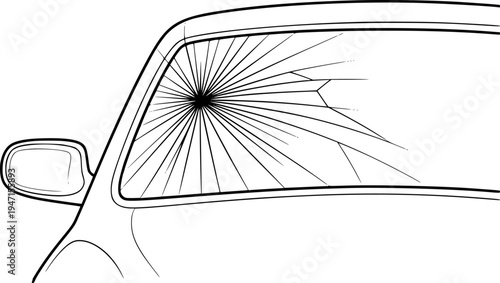 Stylized black and white line of a car windshield with a spiderweb crack pattern