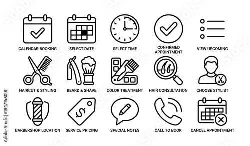 Appointment scheduling icons for hair salon services and stylist selection