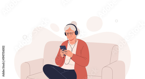 Elderly Woman Listening to Music on Smartphone with Headphones While Sitting on Sofa