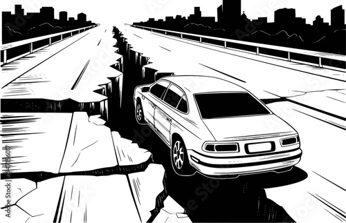 White car drives a cracked highway with city skyline in the background road