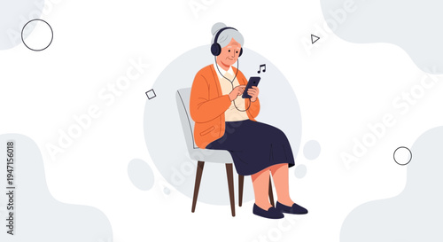 Elderly Woman Listening to Music on Smartphone with Headphones, Relaxing at Home