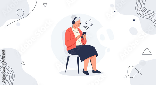 Elderly Woman Listening to Music on Smartphone with Headphones, Relaxing