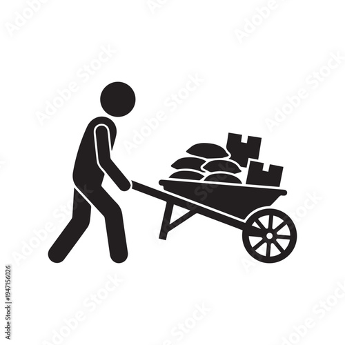 Man Pushing Wheelbarrow With Bags and Boxes Delivery Icon.
