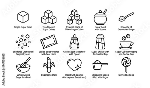 Icon set of sugar forms and uses in kitchen and dining context