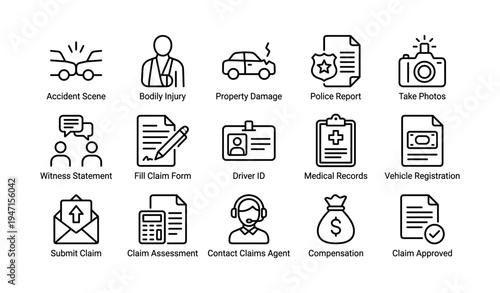 Insurance claims process icons set for accident and damage documentation