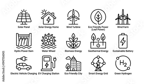 Renewable energy icons: solar, wind, hydro, biomass, geothermal, battery, ev charging