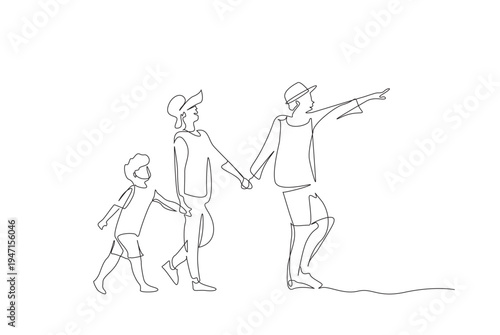 happy family holiday beach mom dad child walk together holiday concept one line art design