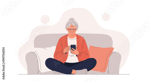 Elderly Woman Using Smartphone While Sitting Cross-legged on Sofa