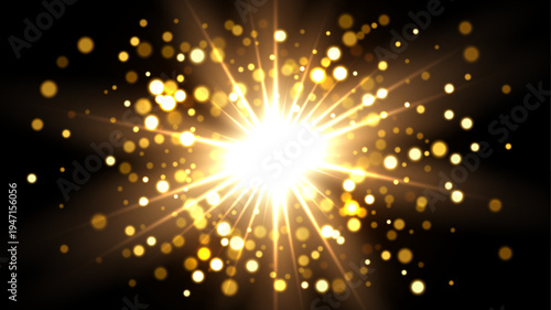 Light glare with glitter explosion and glowing particles on dark. Golden bright sparkling burst radiating warm light dynamic motion effect. Festive glow with bokeh highlights. Vector illustration.