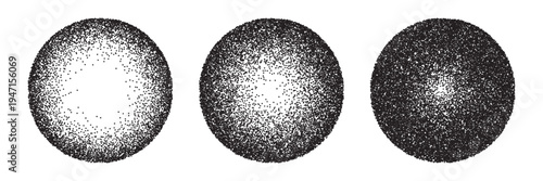 Dot grain texture circles. Stipple circle gradient balls. Black globes with gradation to fade of monochrome grainy dots or noise dust on white. Abstract vector illustrations set.