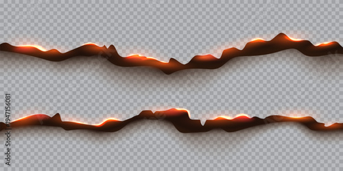 Paper burn fire background with torn edge and glowing embers. Paper fire effect on transparent backdrop, dark charred texture, orange heat glow. Realistic burning vector illustration.