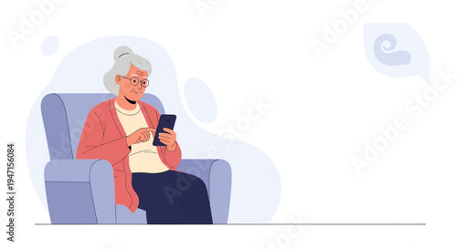 Elderly Woman Using Smartphone While Sitting in Armchair, Modern Technology Usage