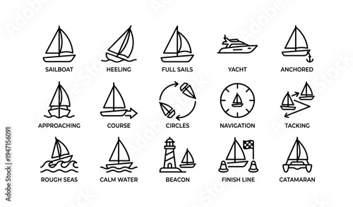 Collection of nautical symbols: sailboat, yacht, navigation, lighthouse, catamaran