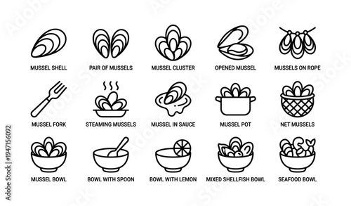 Various mussel icons illustrating preparation and serving methods