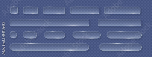 Transparent glass buttons. Liquid glass design elements with morphism effect. Modern digital interface icons for web and app design with rounded frame and subtle shadow. Vector illustration.