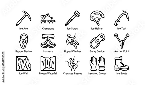 Various ice climbing equipment icons including axe, crampons, helmet, and gloves
