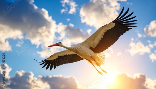 White Stork Flying in Cloudy Sky.