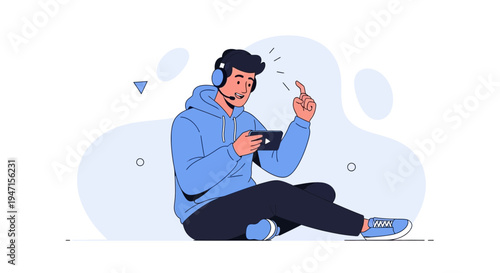 Gamer playing mobile game on phone with headphones, excited expression, sitting on floor