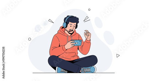 Gamer playing mobile game with headset, sitting cross-legged, modern flat illustration