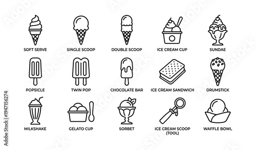 Ice cream icons set featuring cones, popsicles, and sundaes in simple line art style