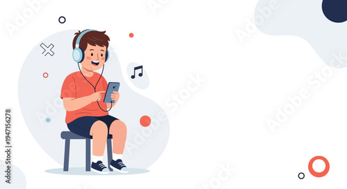 Happy boy listening to music on headphones with smartphone, sitting on stool, cartoon style