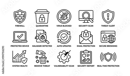 Cybersecurity and protection icons including firewall, malware, and threat alerts