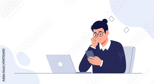 Man in Glasses Bored on Phone at Laptop, Working or Studying