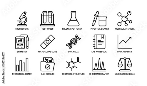 Lab equipment icons: microscopes, test tubes, dna helix, and chemical structures