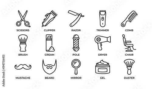 Barber tool icons: scissors, clipper, razor, trimmer, comb, brush, cream, dryer