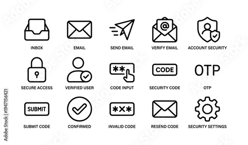 Email and security icons set: inbox, send, verify, security code, otp