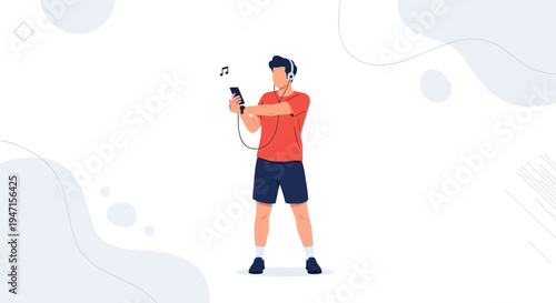 Man in headphones listening to music on phone while exercising outdoors