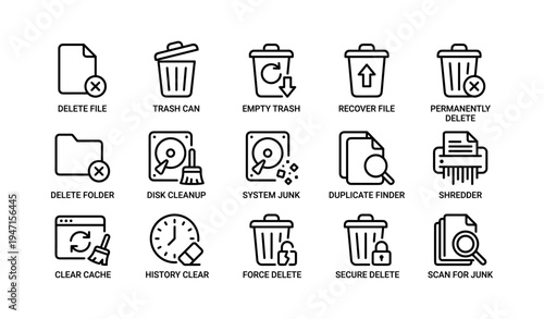 Digital waste management icons: delete, empty trash, recover, shredder, clear cache