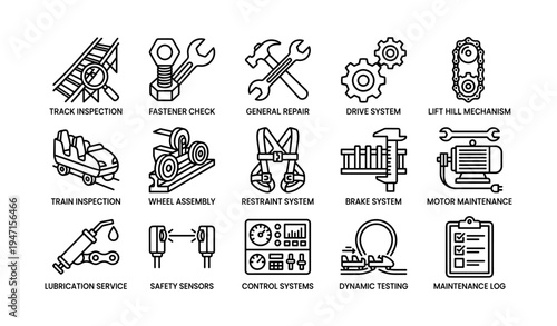 Roller coaster maintenance and safety icons for track and system inspections