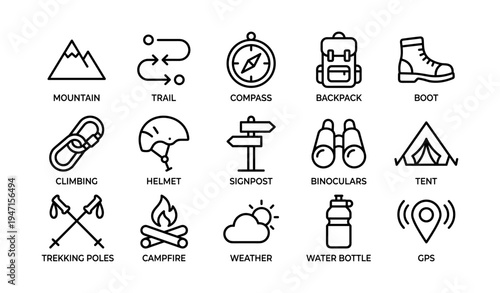 Outdoor adventure icons: mountain, trail, compass, backpack, boot, climbing, helmet, signpost, binoculars, tent