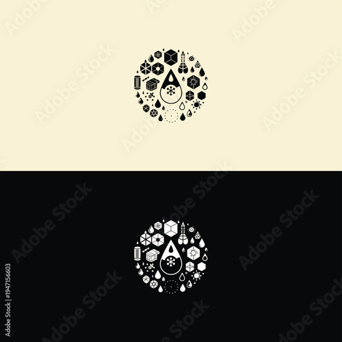 A complex circular array of scientific and industrial icons surrounding a central liquid drop with a prominent snowflake symbol.