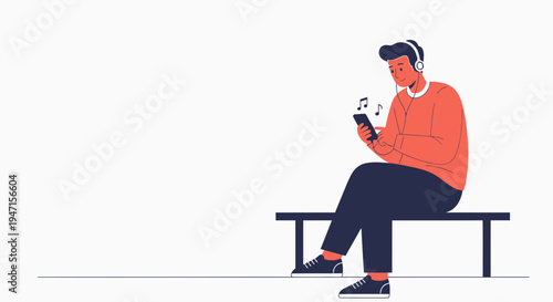 Man Listening Music on Phone with Headphones Sitting on Bench