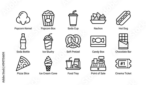 Snack icons: popcorn, soda, nachos, hot dog, pretzel, candy, ice cream, pizza, ticket
