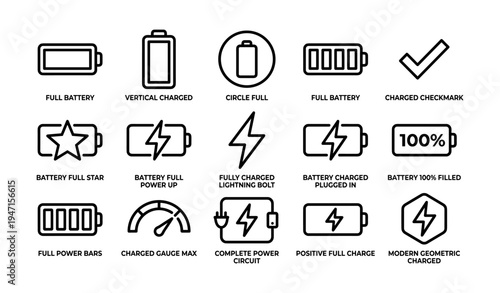 Battery and power icons set featuring various charge levels and symbols