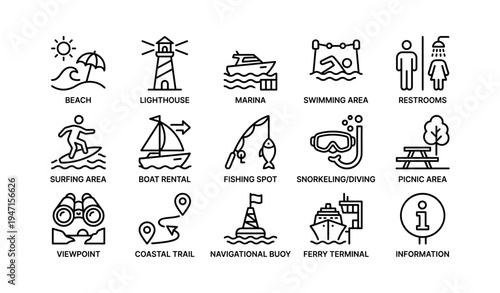 Coastal recreation icons: beach, marina, lighthouse, swimming, surfing, fishing, snorkeling