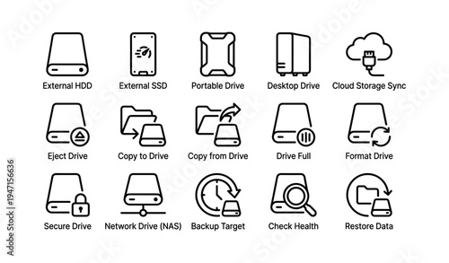External and portable drive icons for cloud storage and data management