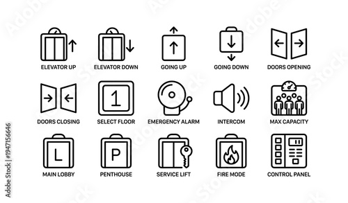 Elevator icon set: floor selection, emergency, capacity indicators
